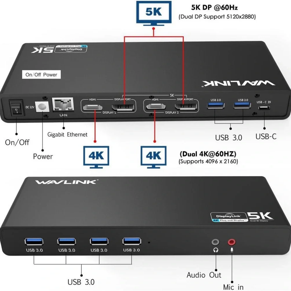 Wavlink UG69DK1 USB-C Dual 4K Docking Station - NWT
